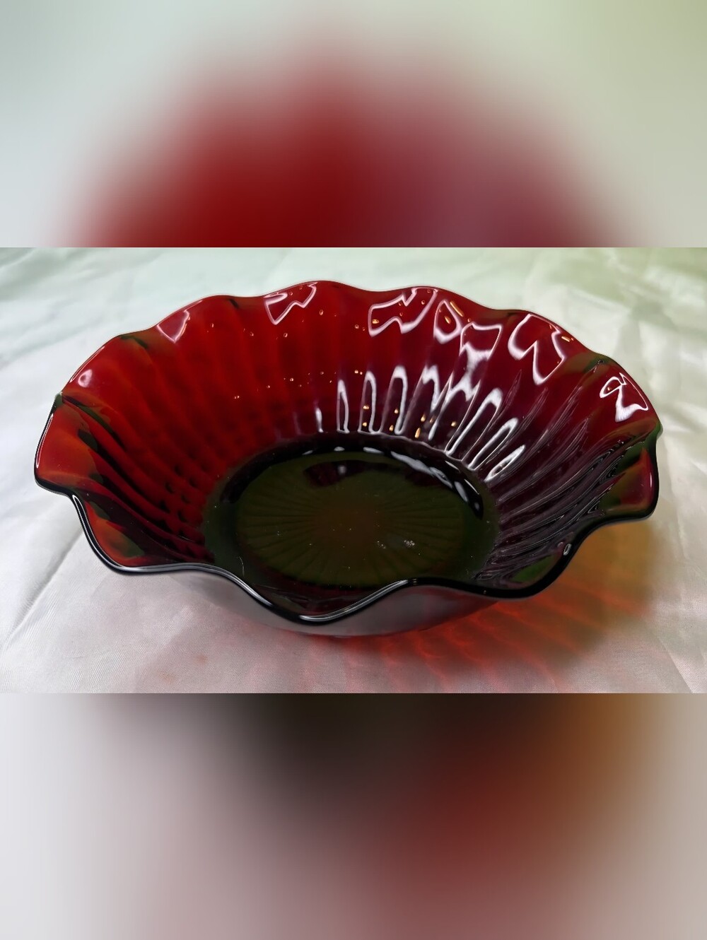 Vintage Anchor Hocking Royal Ruby Red Candy Bowl Studio Glass Ruffle Edge 6.5"